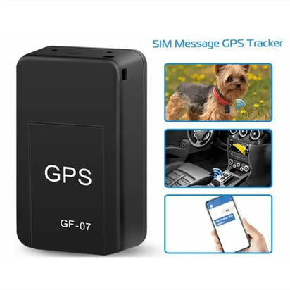 Black GPS tracker with images of a dog, car, and smartphone app on a white background