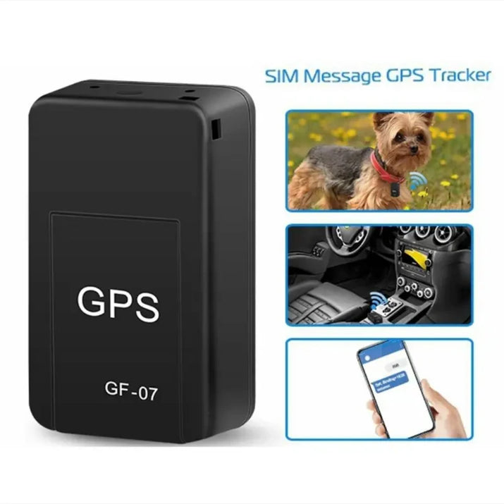 Black GPS tracker with images of a dog, car, and smartphone app on a white background