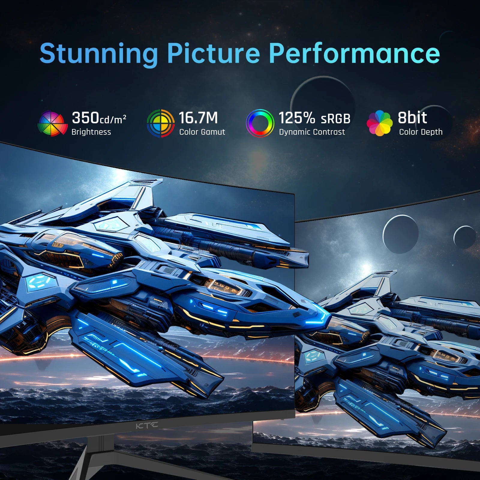 Monitor displaying a futuristic spaceship with technical specifications on screen