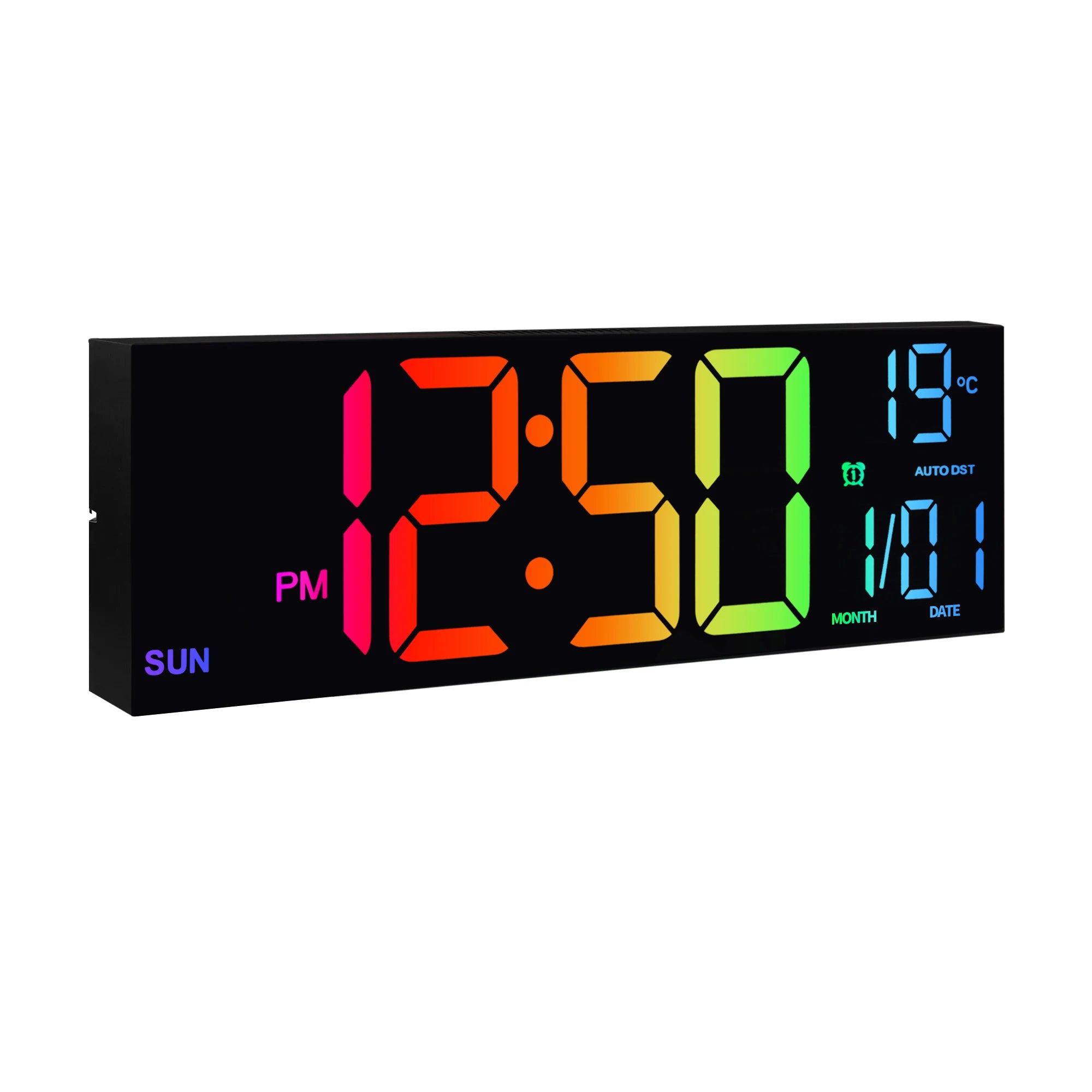 Digital clock with colorful display on a white background