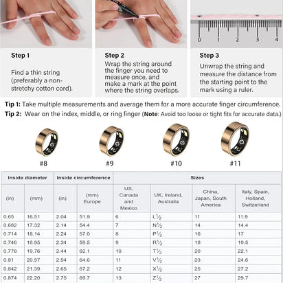 Smart ring size chart with measurements for choosing the correct ring size.