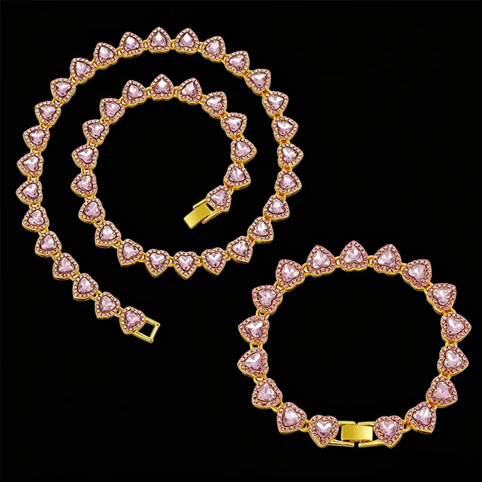 Pink heart rhinestone necklace and bracelet set with gold-tone settings