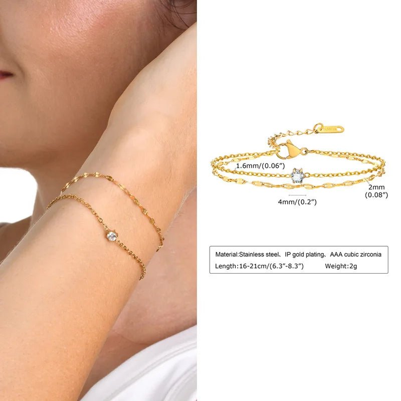 Gold bracelet on a wrist with product details overlay