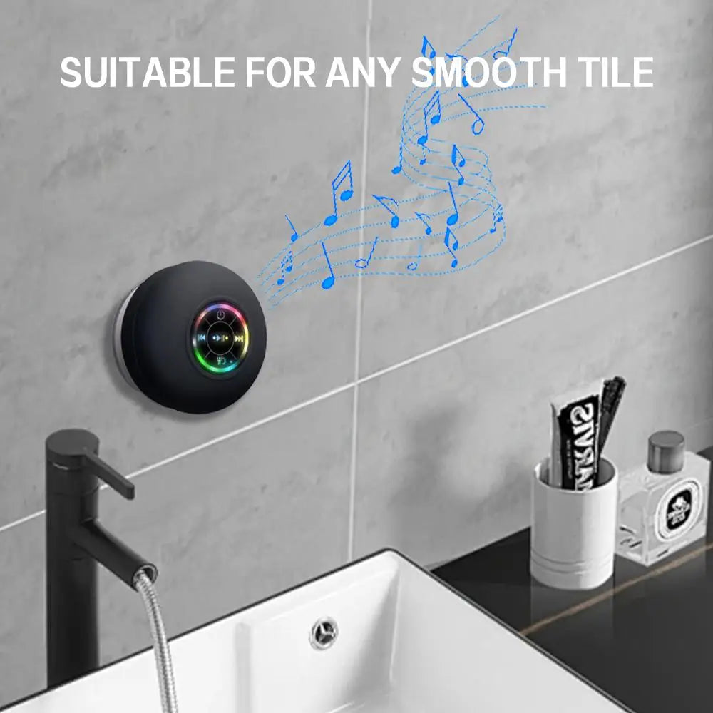 “Round waterproof Bluetooth speaker with LED screen and control buttons.”