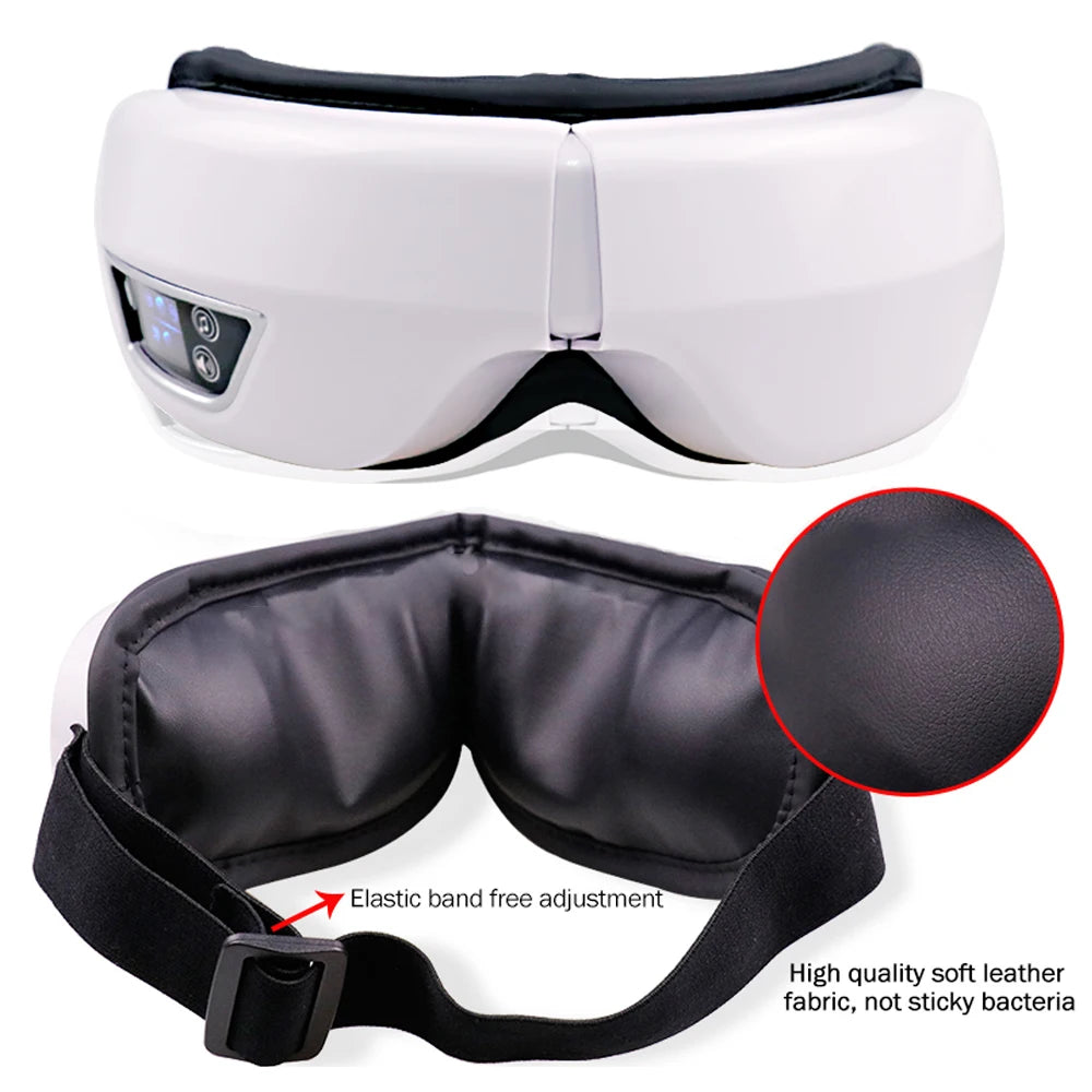 White and black eye mask with leather strap and close-up of material quality on a white background