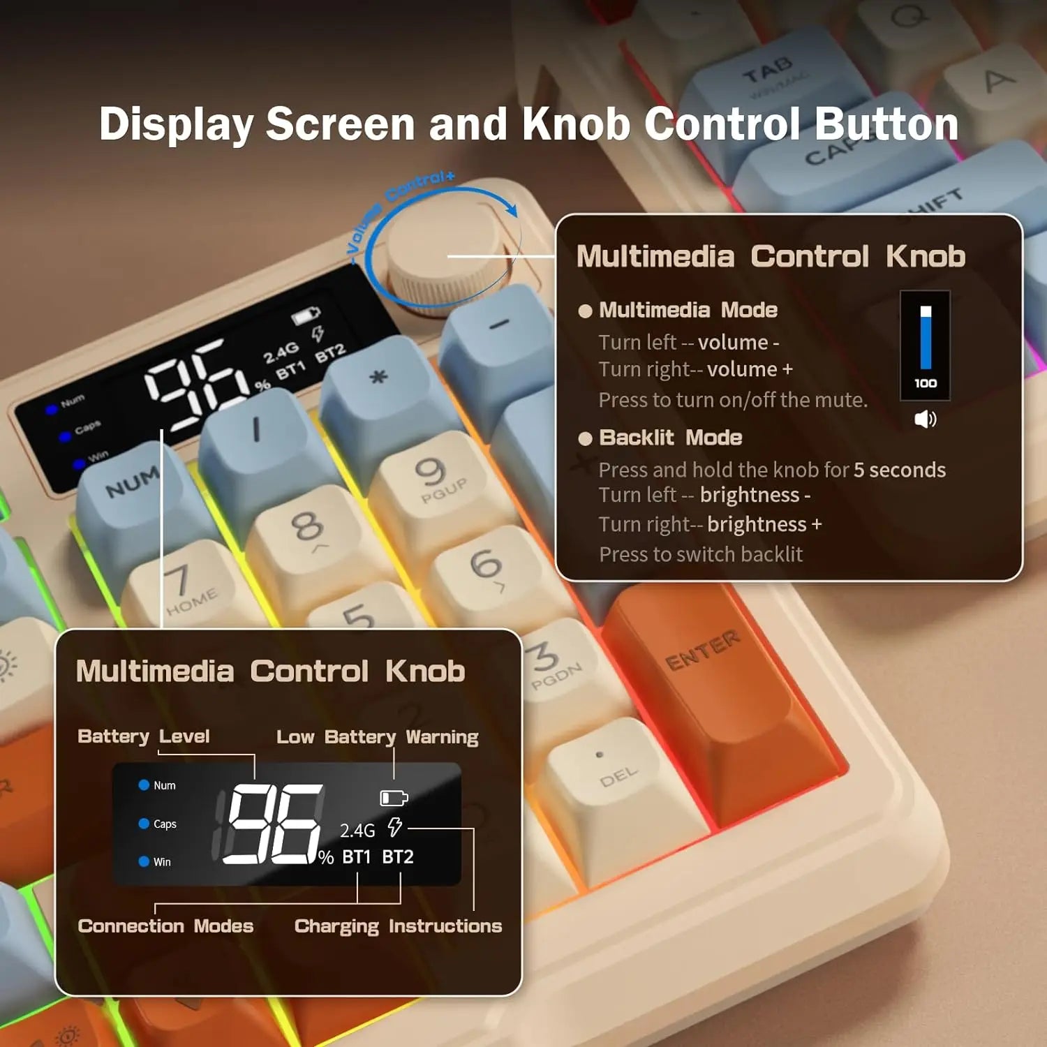Multimedia control knob with display screen and keyboard layout on a wooden surface