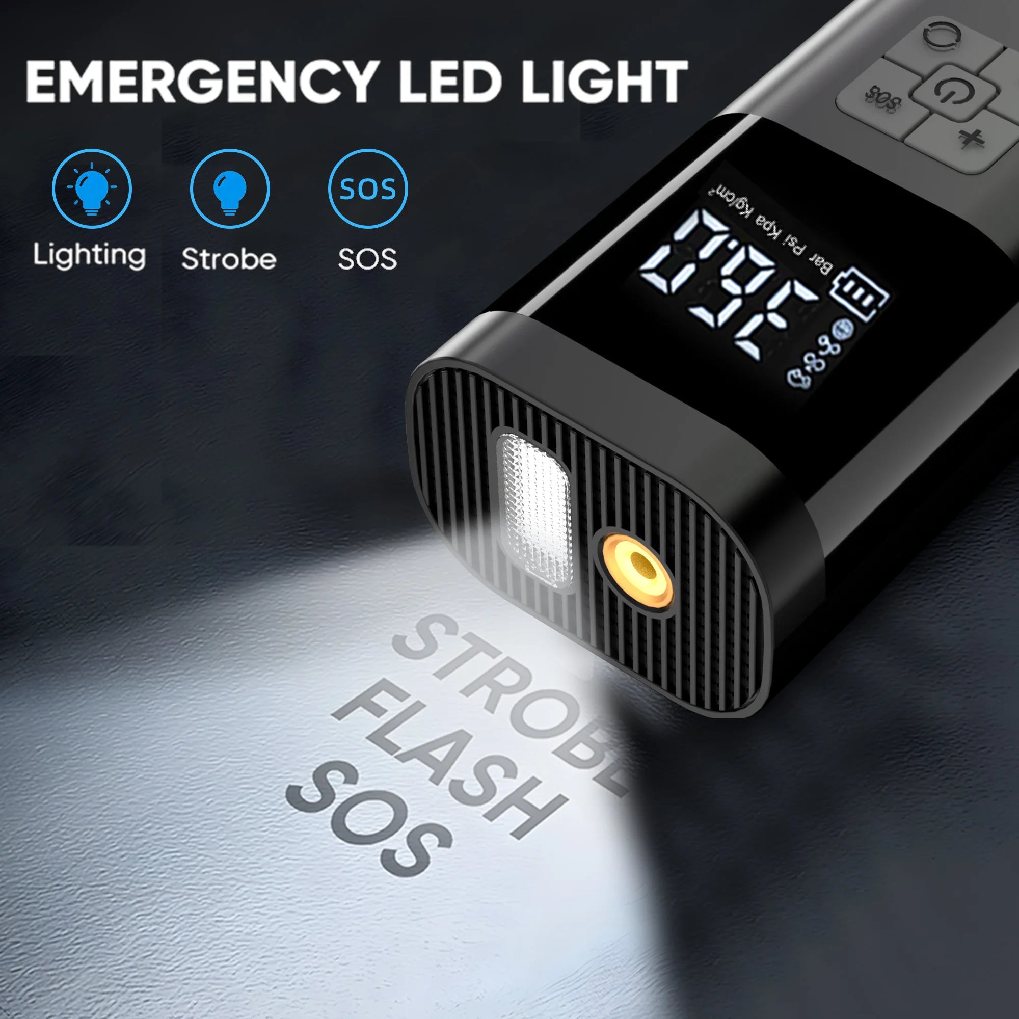 Emergency LED light with digital display and flashlight功能 on a dark background