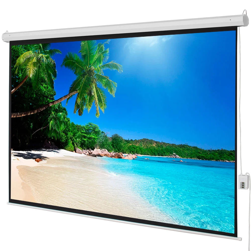 Retractable outdoor screen displaying a tropical beach scene with palm trees.