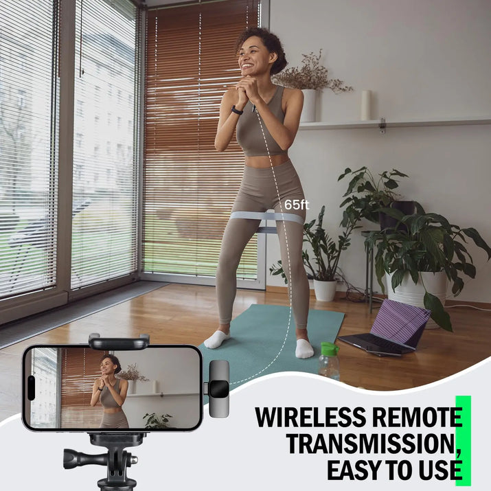 Woman exercising in a room with a smartphone displaying a video call, text 'Wireless Remote Transmission, Easy to Use'.