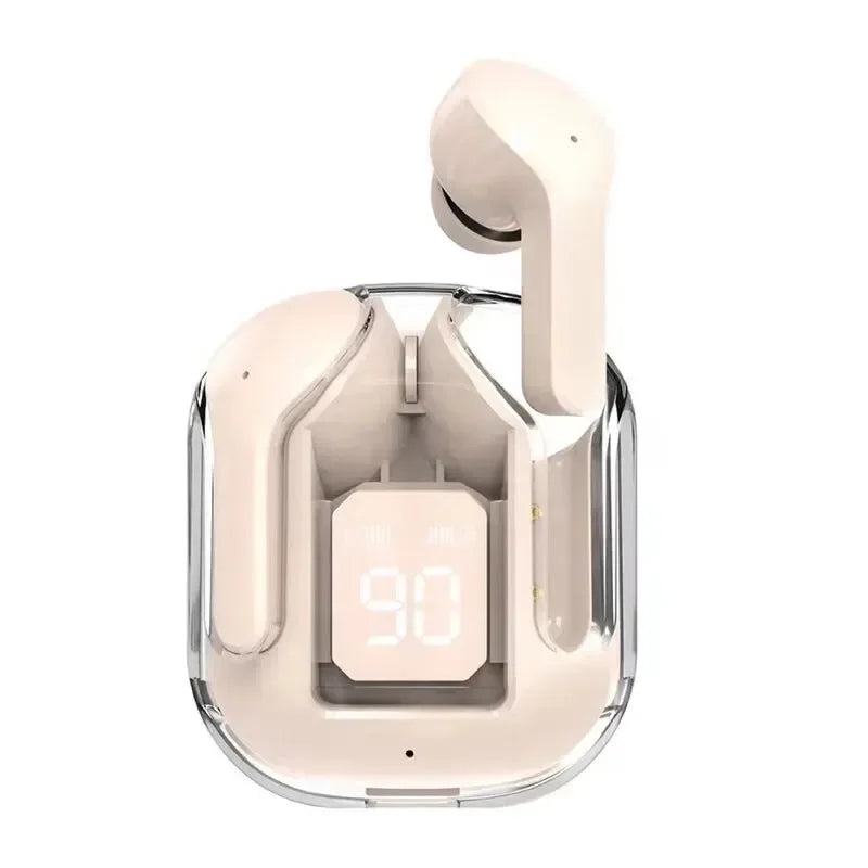 Beige wireless earbuds with charging case on a white background
