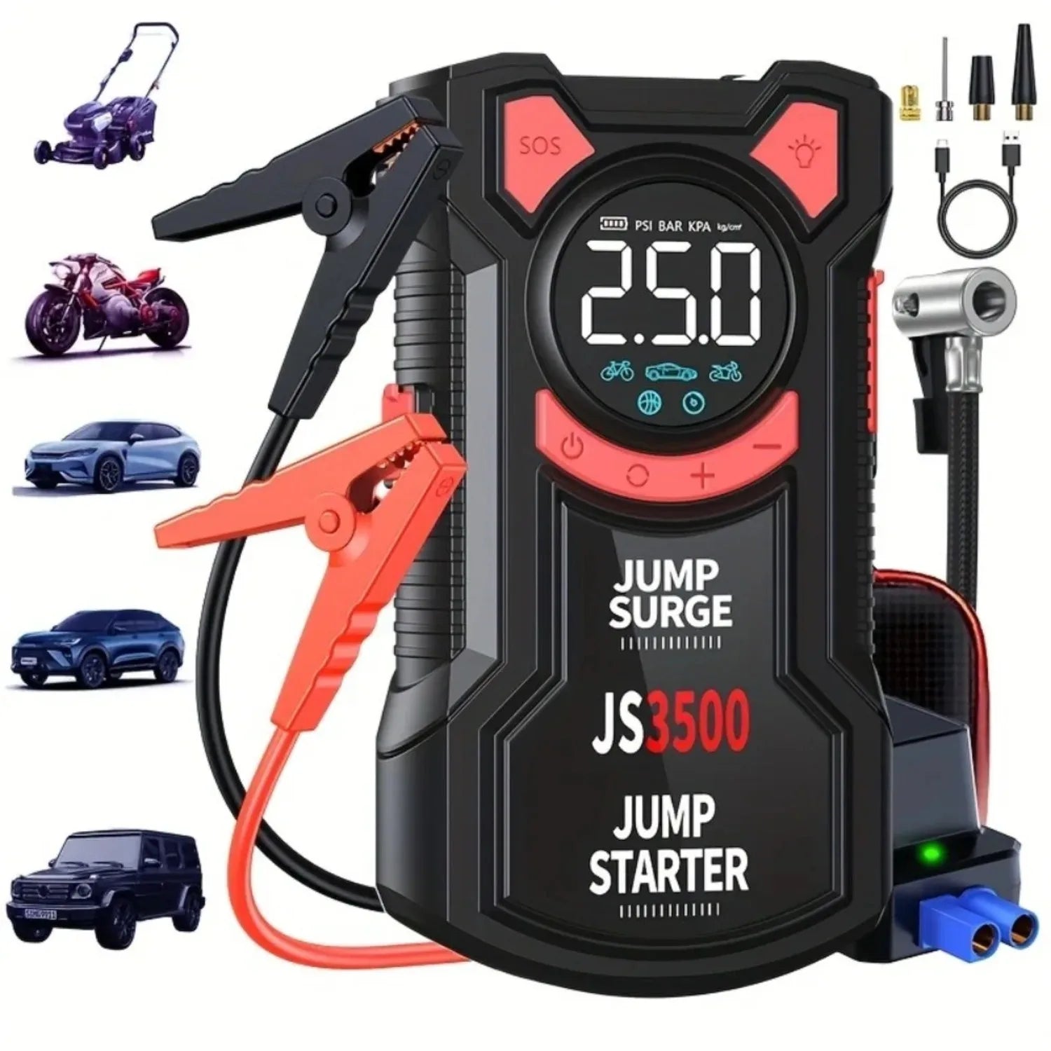 Jump starter with digital display and connectors on a white background