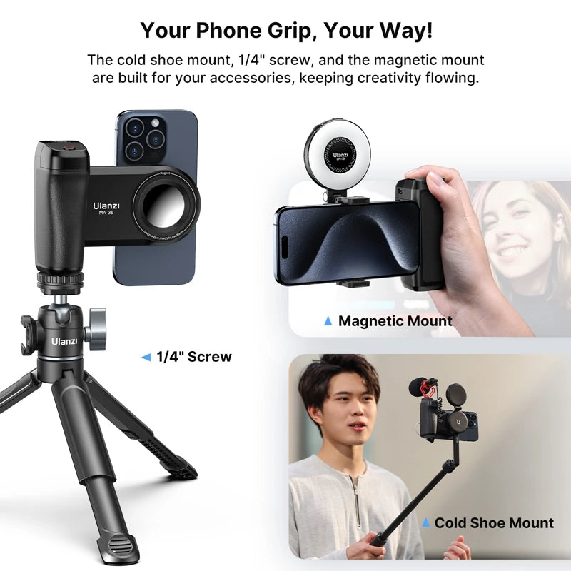 Phone grip with cold shoe mount, magnetic mount, and 1/4" screw on a white background.