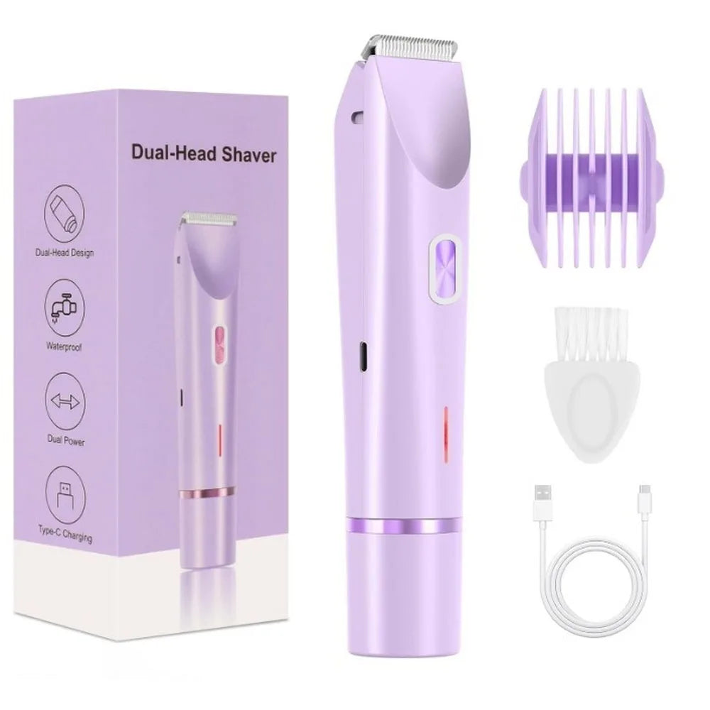 Purple dual-head shaver with accessories and packaging on a white background
