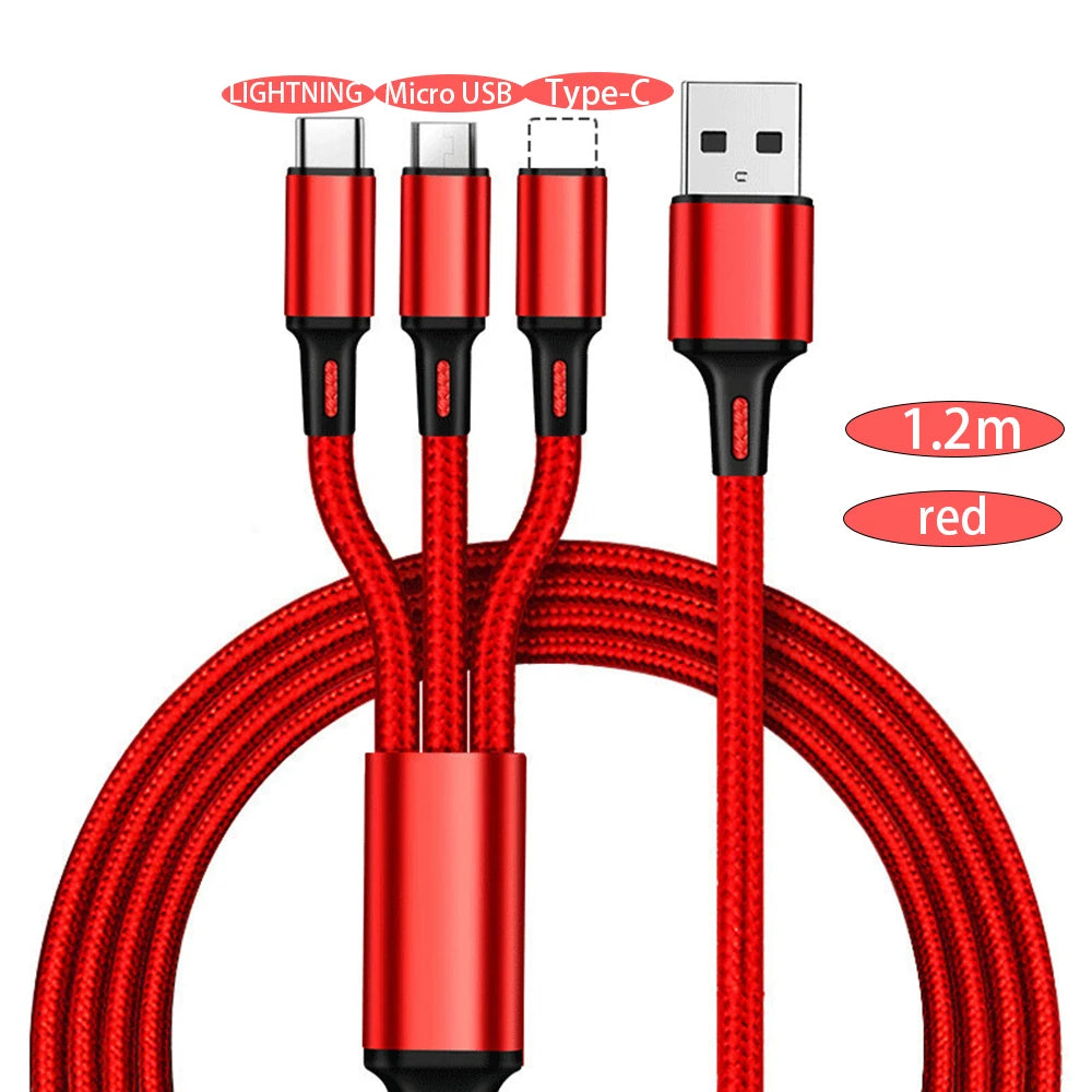 Red multi-device charging cable with different connectors on a white background