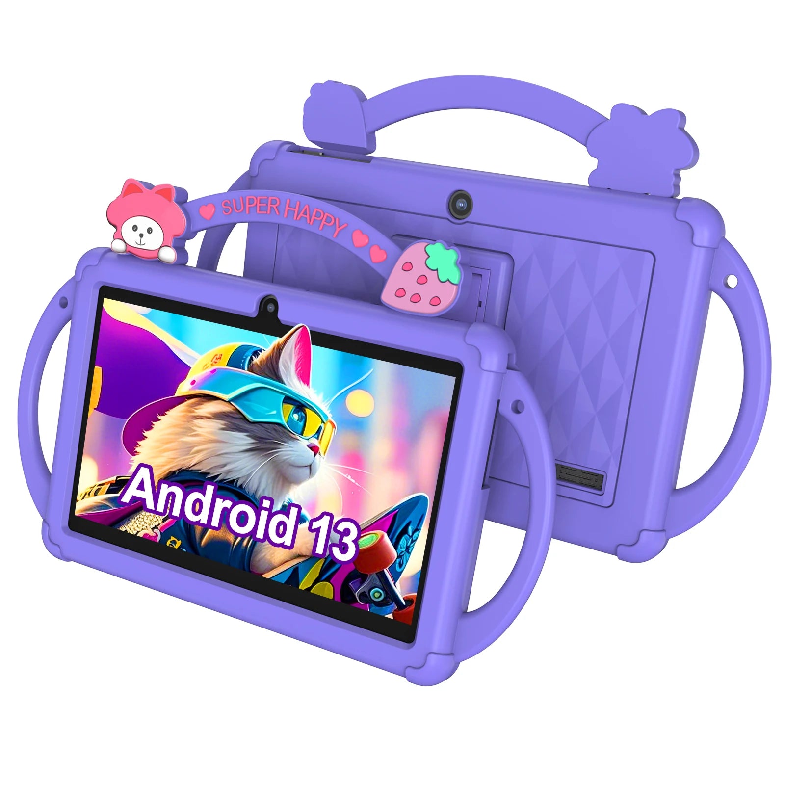 Children's tablet with purple case and cartoon character on a white background