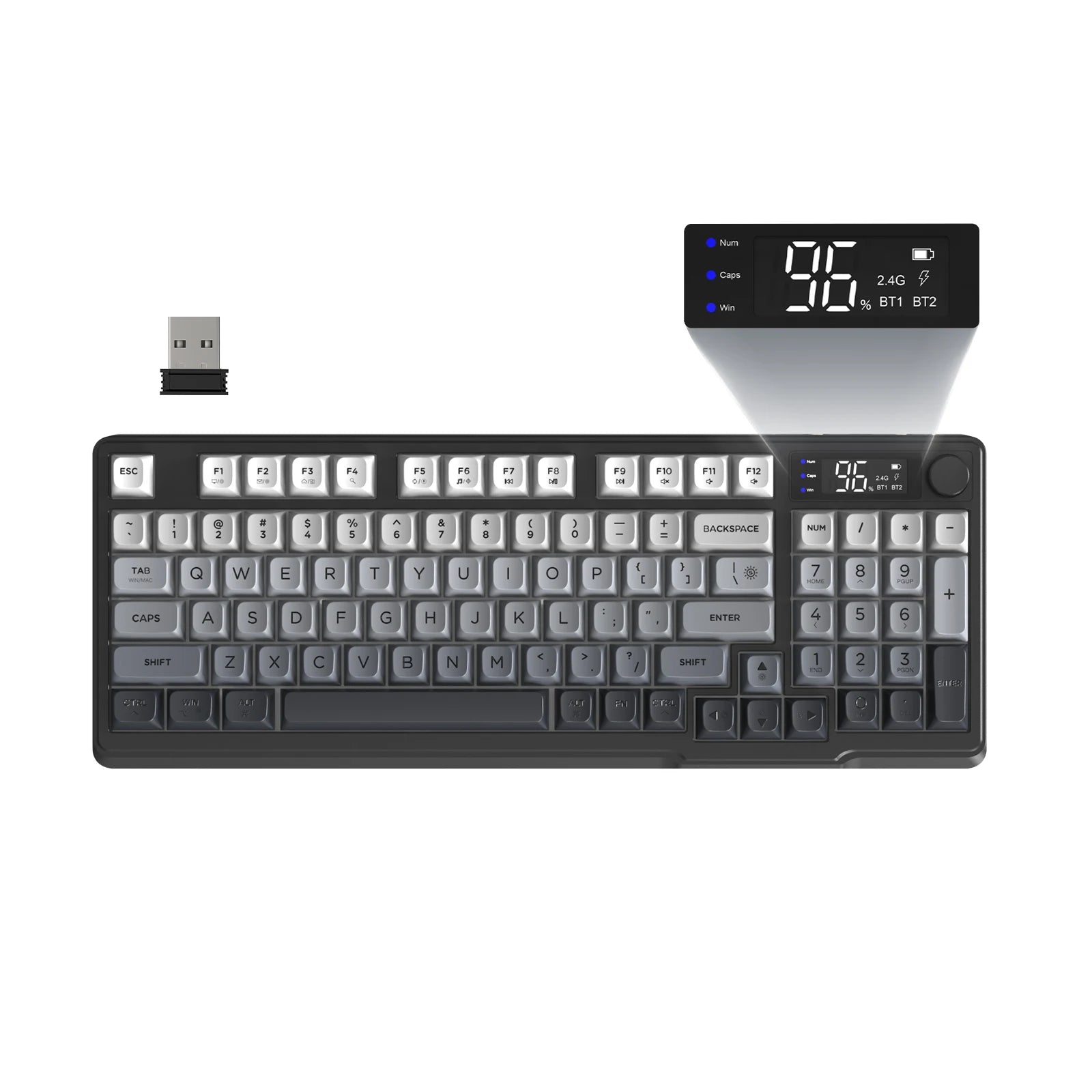 Keyboard with digital display and USB receiver on a white background