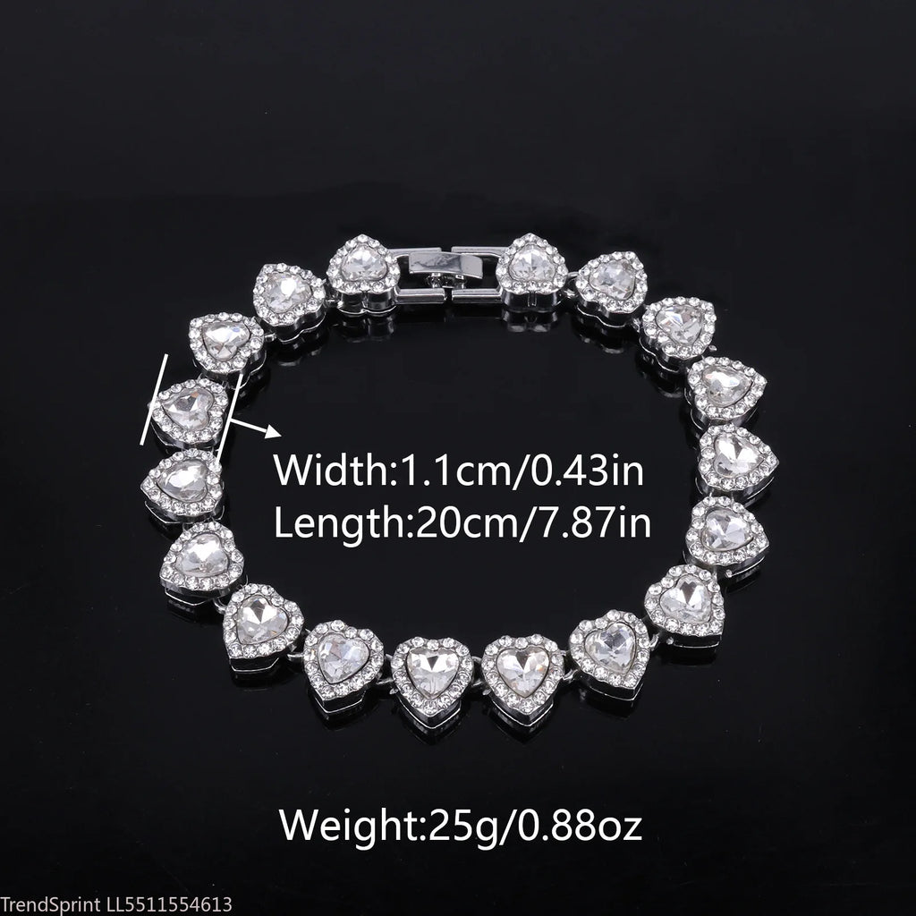 Silver-tone heart rhinestone bracelet with measurements