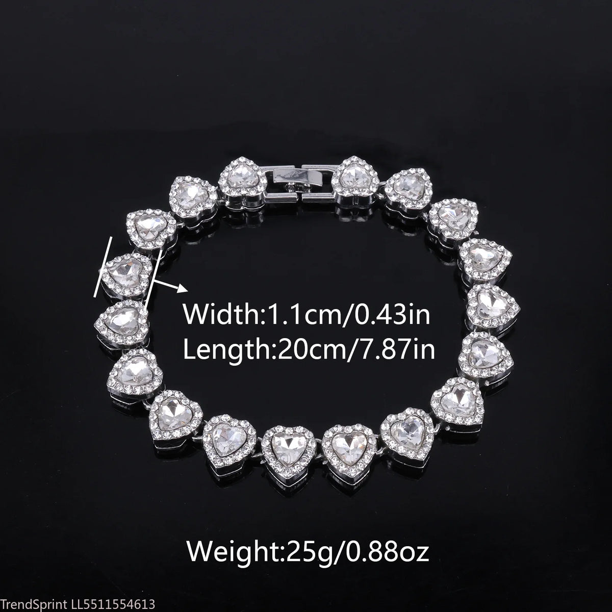 Silver-tone heart rhinestone bracelet with measurements
