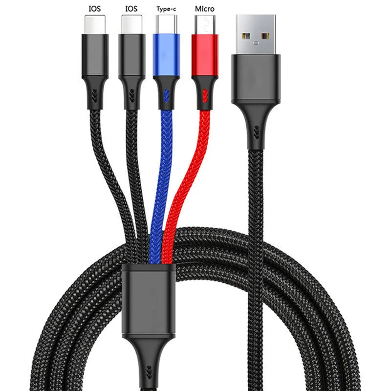 Multifunctional charging cable with different connectors on a white background