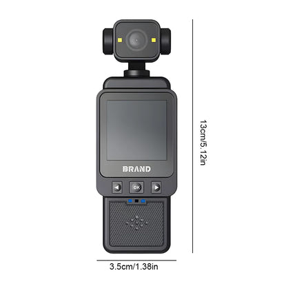 Black handheld device with camera and screen, labeled 'BRAND', on a white background with dimensions indicated.