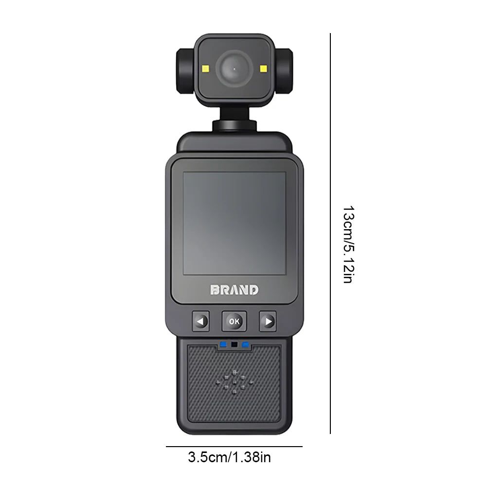 Black handheld device with camera and screen, labeled 'BRAND', on a white background with dimensions indicated.