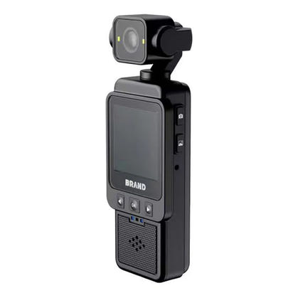Black body-worn camera with screen and brand name on a white background