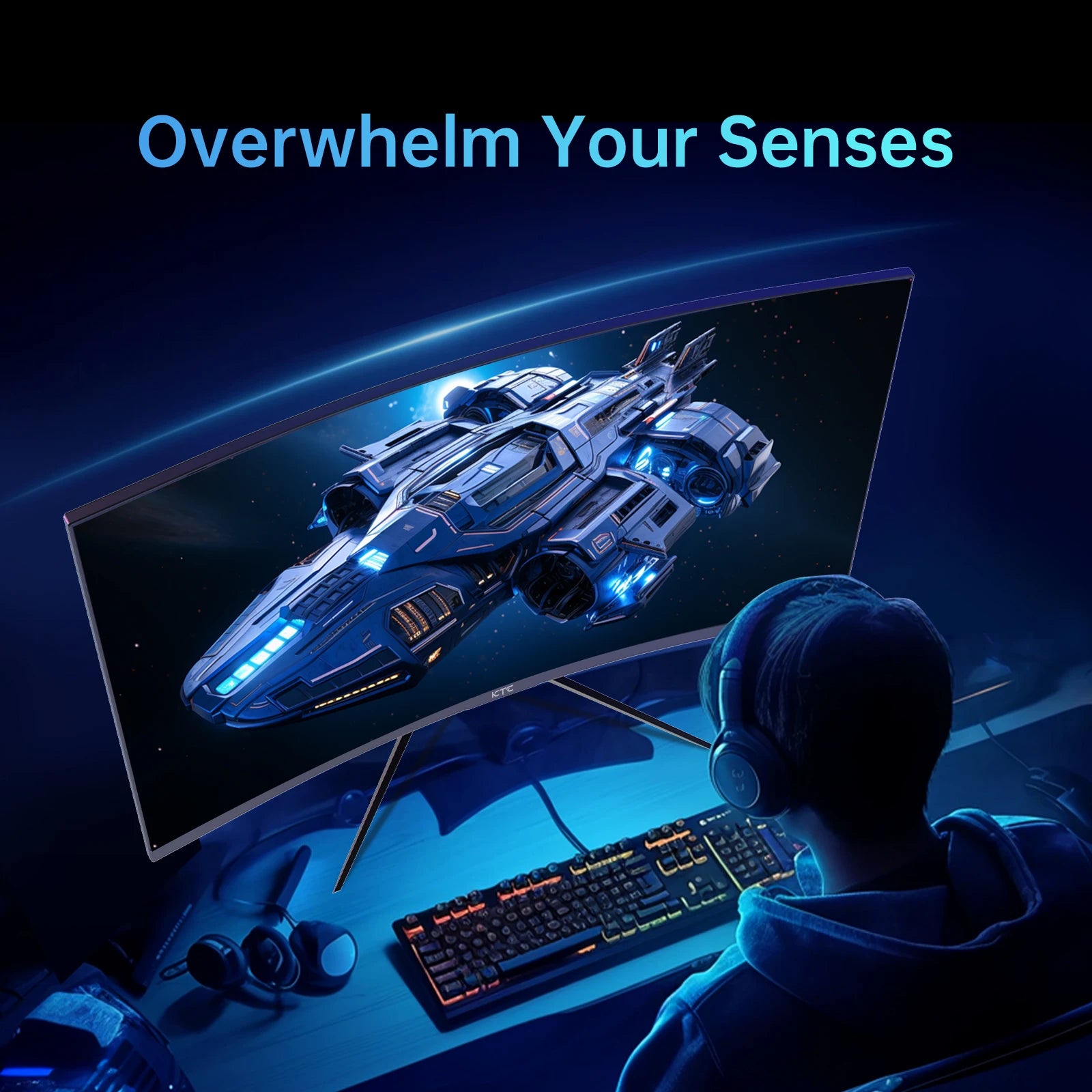 Person using a computer with a large monitor displaying a spaceship, sitting in a dark room.