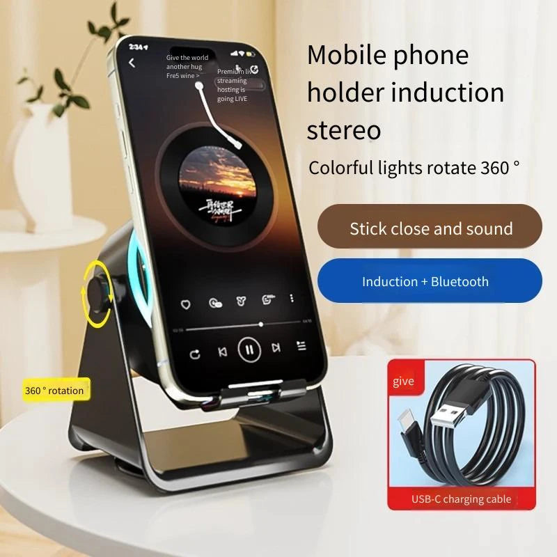 Phone holder with induction stereo and colorful lights, USB-C charging cable included.