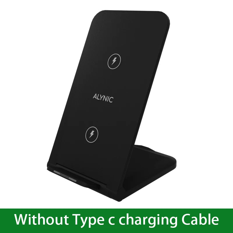 Black wireless charging stand with 'ALYNIC' branding on a white background