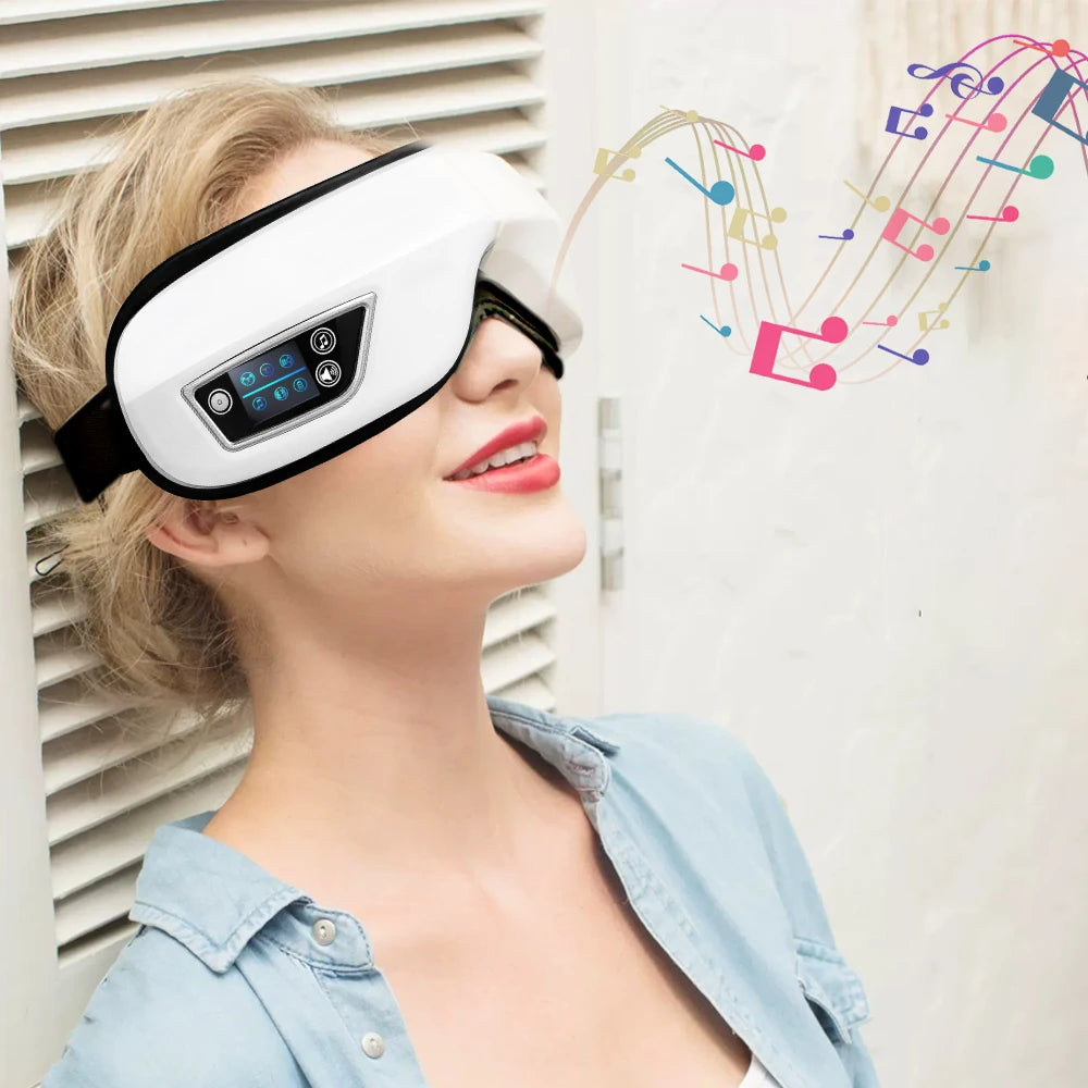 Woman wearing a white electronic eye mask with colorful sound wave graphics in the corner.