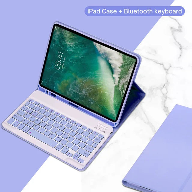 Tablet with a keyboard case on a marble surface