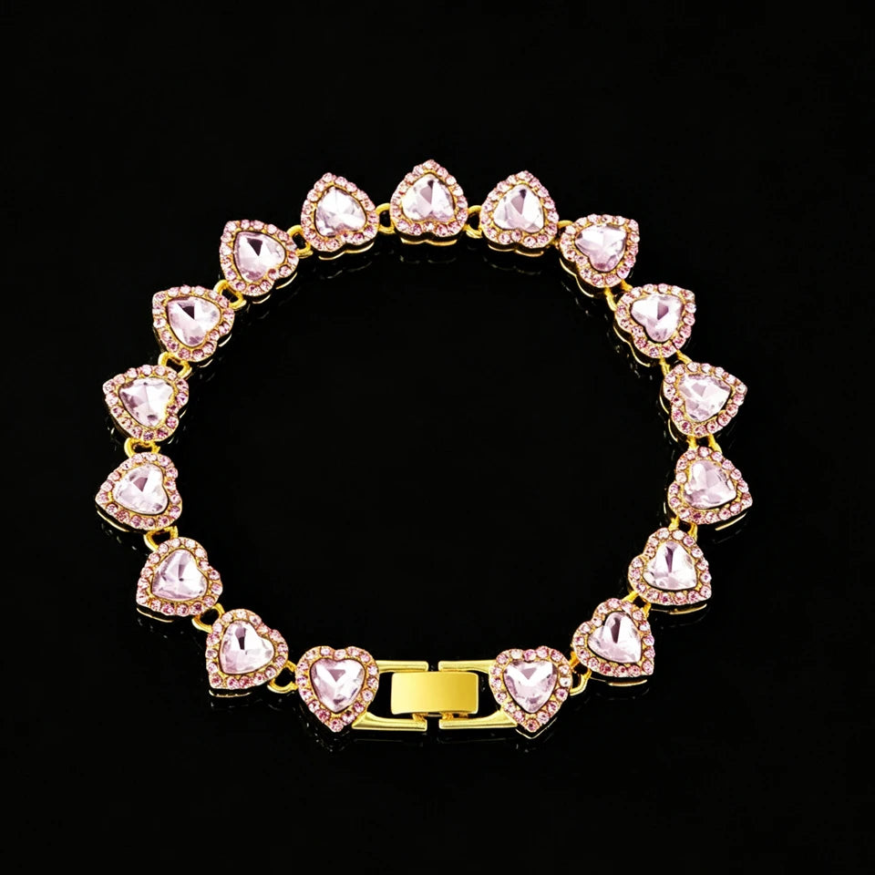 Pink heart rhinestone bracelet with gold-tone settings