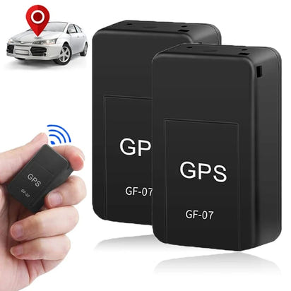 Two black GPS trackers with a hand holding one, car, and map icon in the background.
