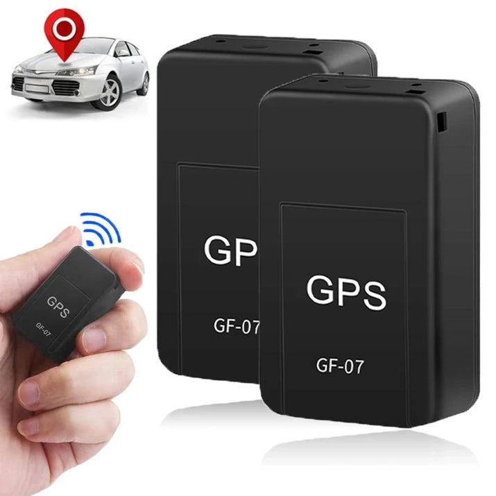 Two black GPS trackers with a hand holding one, car, and map icon in the background.