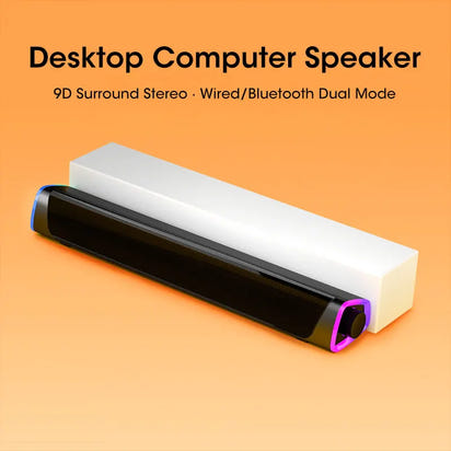 Desktop computer speaker with 9D surround stereo on an orange background