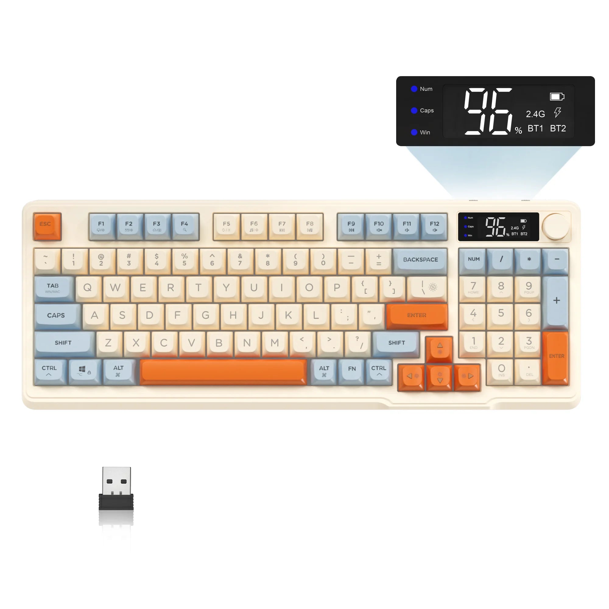 Keyboard with digital display and USB receiver on a white background
