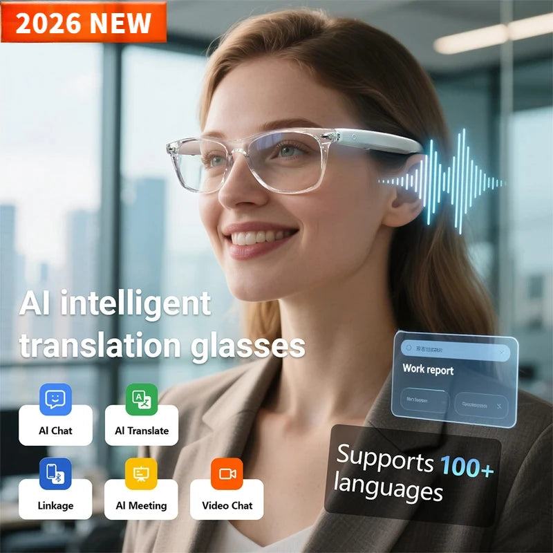 Woman wearing AI intelligent translation glasses with features displayed on screen.