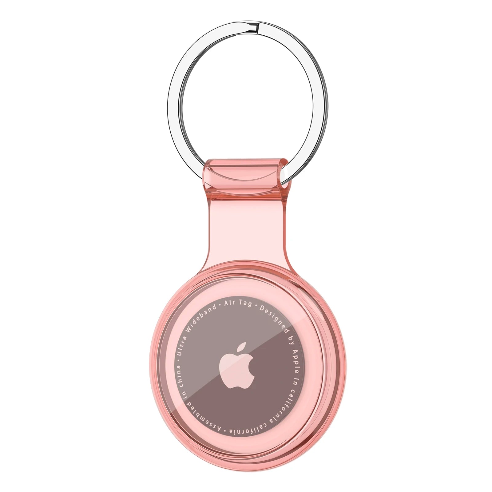 Rose gold Apple AirTag holder on a white background