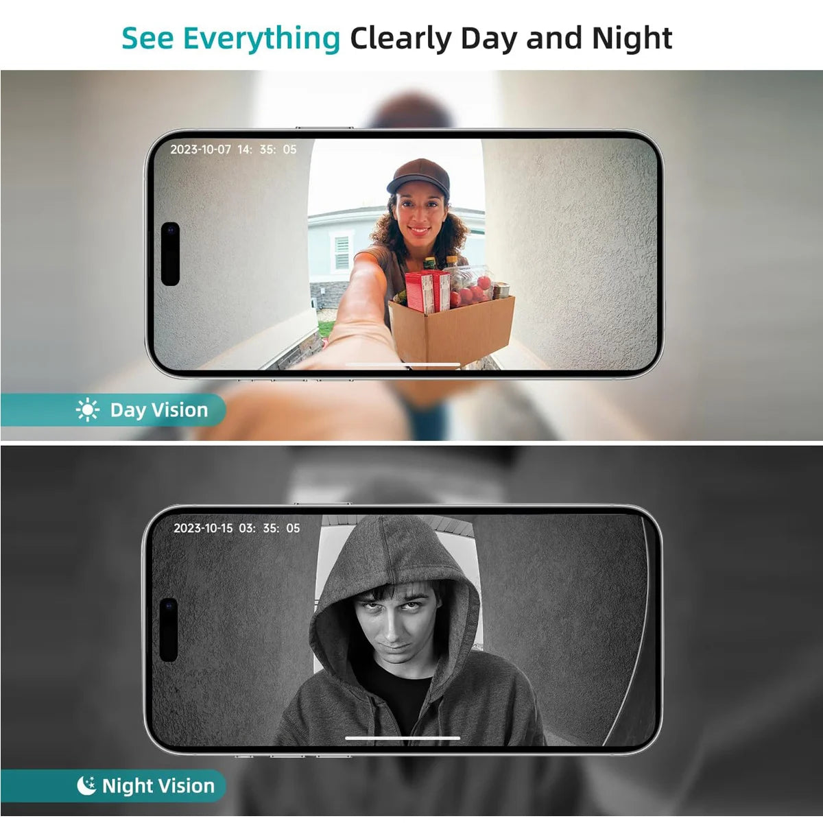 Comparison of day and night vision on a smartphone screen with two different scenes.
