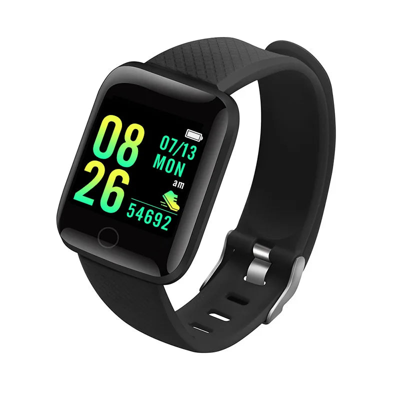 Black smartwatch with a digital display on a white background