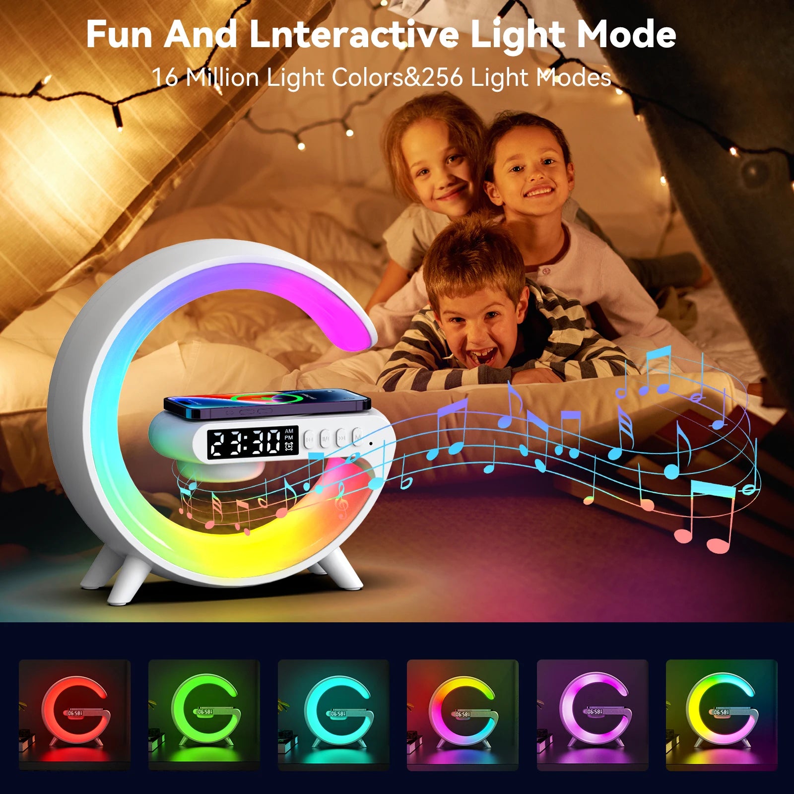 Children playing with a colorful LED clock and light display in a cozy room.
