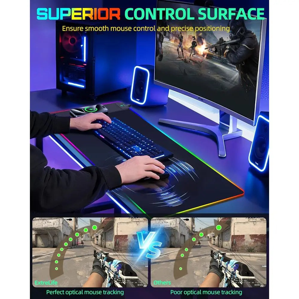 Gaming setup with keyboard, mouse, and monitor on a desk, emphasizing superior control surface.
