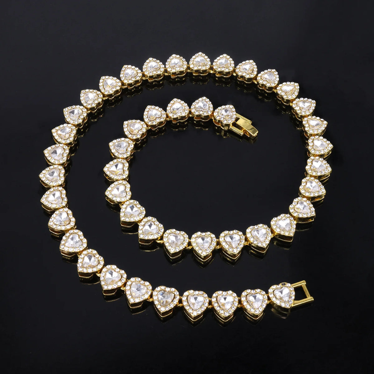 Gold-tone heart rhinestone necklace in a spiral arrangement