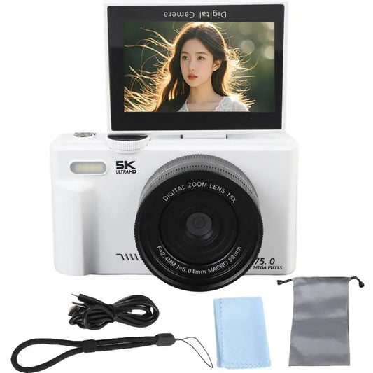 “5K digital camera with flip screen showing a woman, including lens, charging cable, wrist strap, cloth, and storage pouch on a white background.”