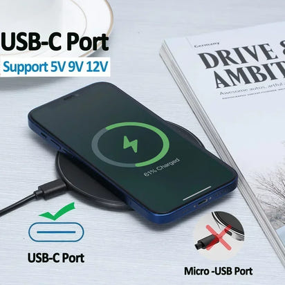 “Wireless charging pad shown with USB-C input cable.”