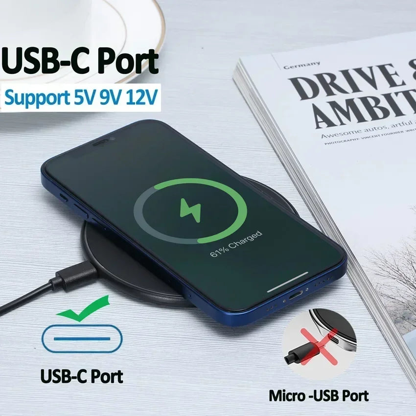 “Wireless charging pad shown with USB-C input cable.”