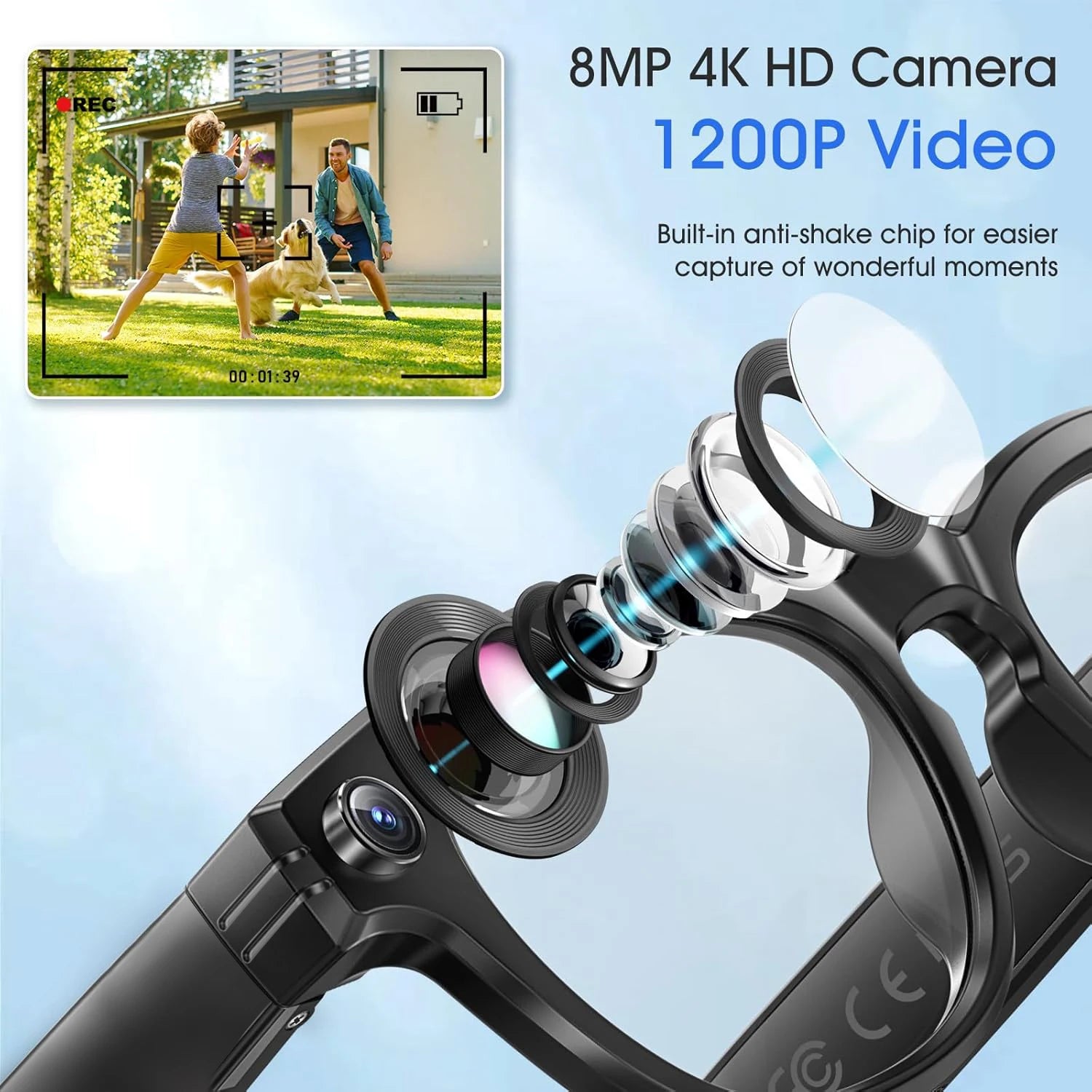 “View through smart camera glasses showing 1200p recording quality.”