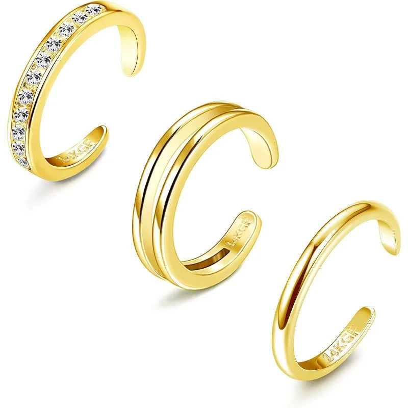 Triple-band style:
14K gold-plated adjustable triple-band toe ring with a smooth polished finish on a white background.