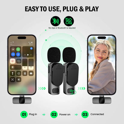 “Easy-to-use wireless lavalier microphone set showing plug-and-play steps with smartphone and two clip-on mics.”