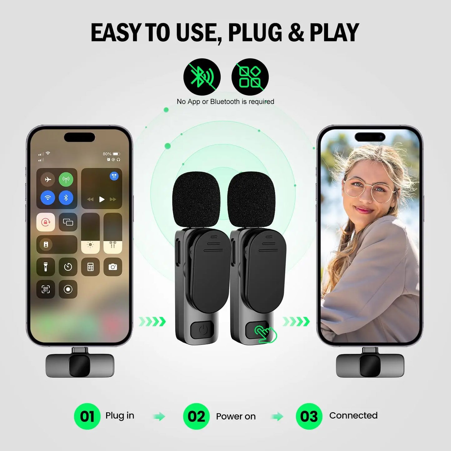 “Easy-to-use wireless lavalier microphone set showing plug-and-play steps with smartphone and two clip-on mics.”